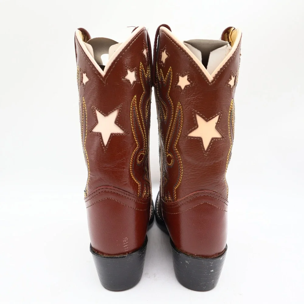 Acme Western Boots Childs 1 D Brown Star Inlay Leather New In Box Vintage Style